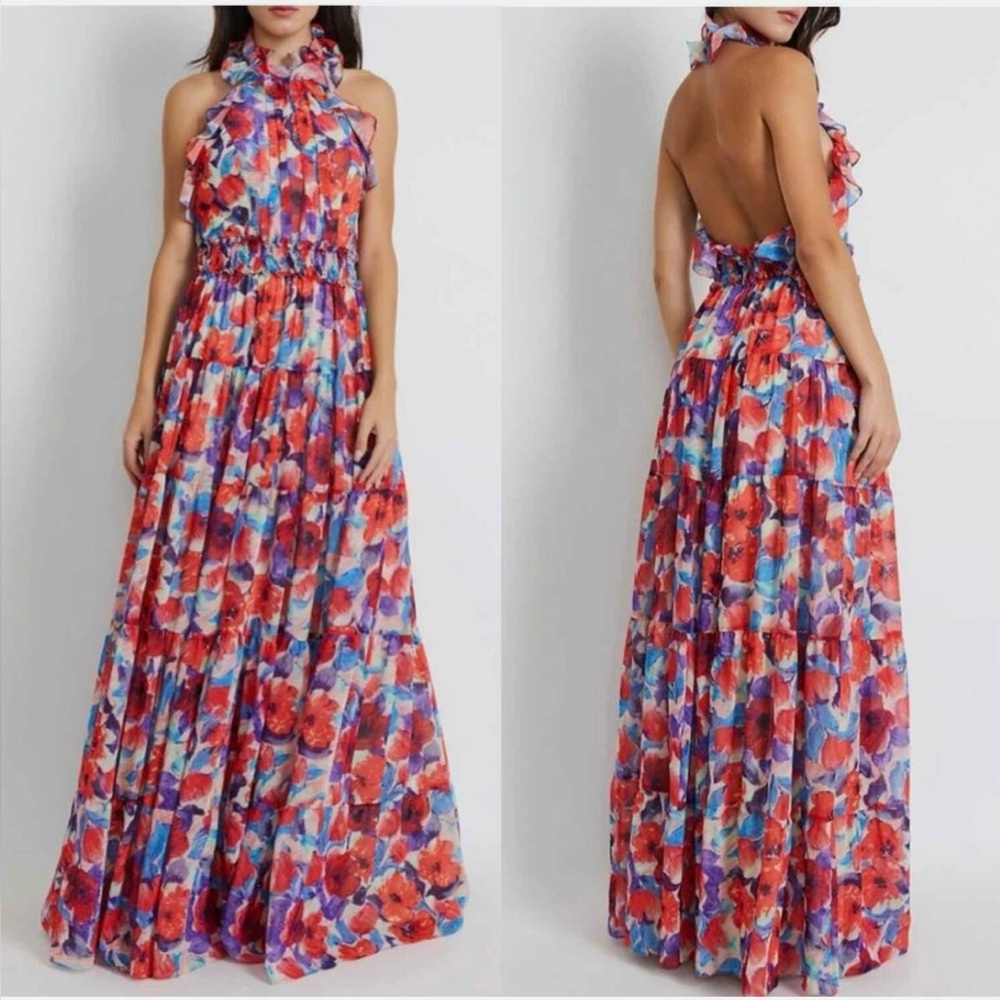 PatBO Cherry and Violet Floral High Neck Maxi Dress - NWT